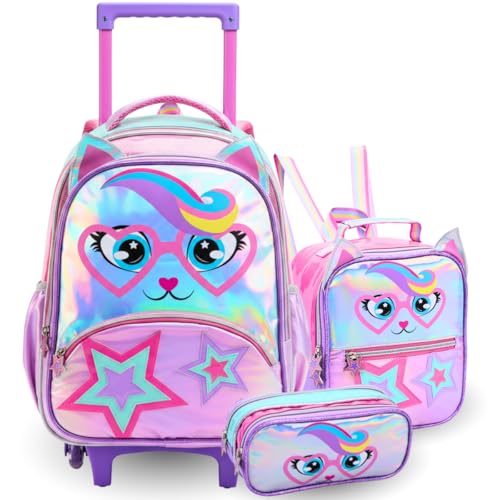 Kit Mochila De Rodinha Feminina Infantil Escolar Lancheira Térmica Estojo Duplo Gatinha Estrela Menina Colorida