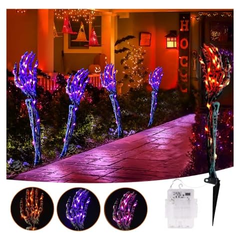 KNONEW Halloween Decorations Outdoor, 3 Color Changing 4 Pcs Skeleton Stakes Halloween Lights, with Timer & IP65 Waterproof Battery Powered Ground Lights for Halloween Party Garden Lawn Decorations Cover