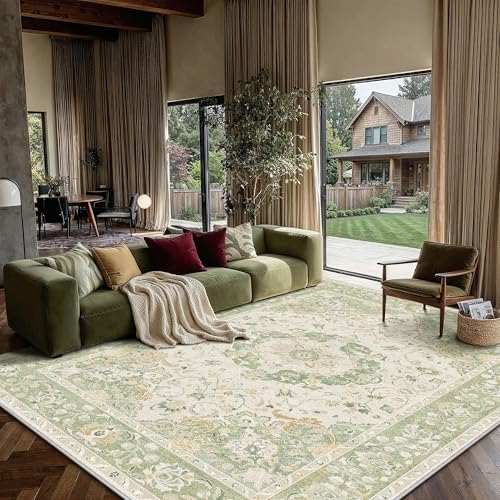 6x9 Green Area Rug Washable Vintage Carpet for Living Room Low Pile Non Slip Soft Distressed Durable Bedroom Throw Rug Dining Room Nursery Classroom Playroom Home Decor