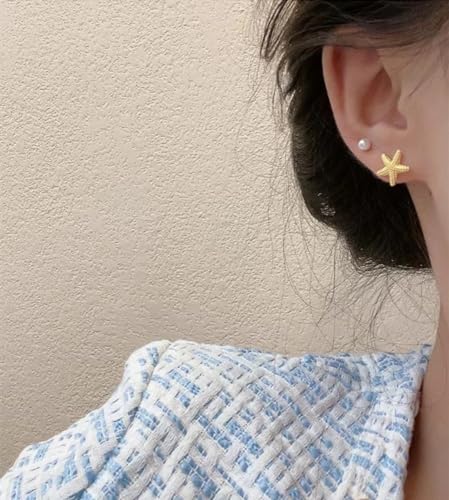 4pcs Cute Starfish Shell Pearl Conch Stud Earrings Set for Women Girls 925 Sterling Silver Hypoallergenic Ocean Sea Theme Tiny Small Cartilage Studs Tragus Post Earrings Nickel Free Multiple Piercing Ears Jewelry Gold3