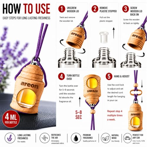 Image of AREON Fresco Premium Hanging Car Air Freshener, Lavender, Pack of 1 | Premium Wooden Hanging Car Air Freshener with an Elegant, Compact Design. Suitable for Use in Cars, Suvs, Vans, and Trucks.
