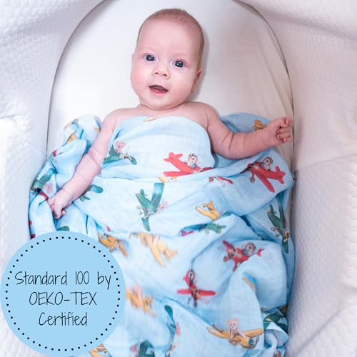 Image of LollyBanks Muslin Swaddle Blankets, 100% Cotton Breathable Baby Blanket for Boys and Girls, Soft and Lightweight 47 x 47 Inches Newborn Swaddle Wrap, Baby Essentials Must Haves (Plane and Bear Print)
