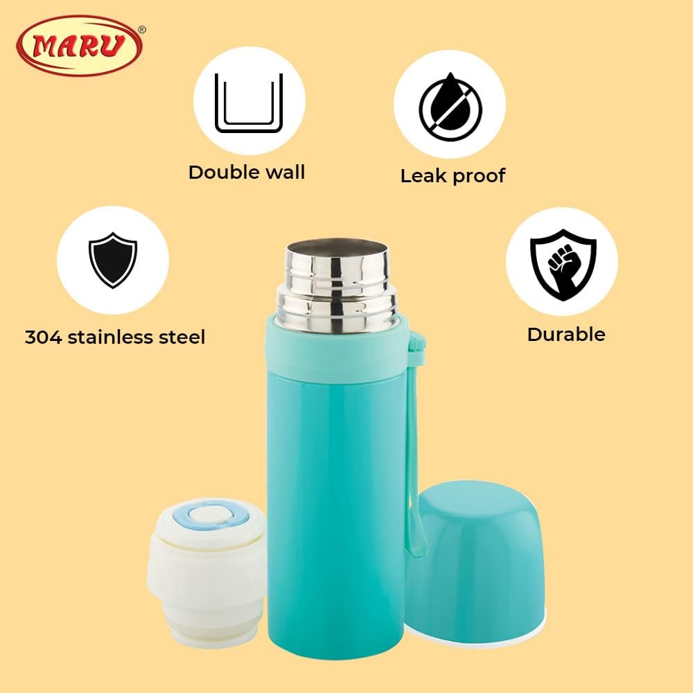 MARU Stainless Steel Insulated Vacuum Flask | Insulated Double Walled Hot & Cold Vacuum Insulated Flask | Hot Water Bottle for Office - 350ml (Sea Green)