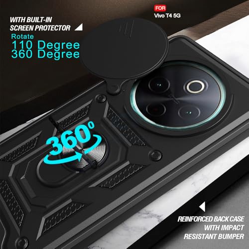 Image of AESTMO Tough Armor Vivo T4 5G / iQOO Z10 5G Bumper Back Case Cover | Ring Holder & Sliding Camera Shield Cover | 360 Degree Protection Back Case Cover for Vivo T4 5G / iQOO Z10 5G (Black)