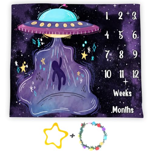 Image of UFO Baby Monthly Milestone Blanket, 60x40in Soft Flannel, Alien Round Spaceship, Newborn Mom Gifts, Baby Shower Age Growth Tracker with Bonus Maker (Multicolor, 48x40in)