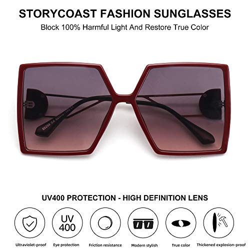 STORYCOAST Oversized Square Sunglasses for Women Fashion Large Shield Shades UV400 Protection (Red Frame-Red Gray Lens, 62)3