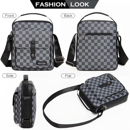 Men’s Crossbody Bag, Small PU Messenger Bag, Lightweight Shoulder Bag, Checkered Pattern for Daily Travel (L-Black and Grey)2