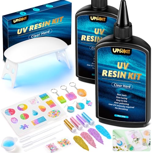 UPDOKIT UV Resin Kit with Lamp, 240g Crystal Craft Resin with Silicone Moulds, UV Resin Starter DIY for Jewelry Making Kit, Decor, Coating and Casting