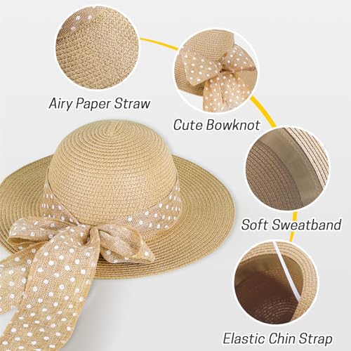 Girls Straw Sun Hat with Bowknot, Boho Summer Beach Hat, Wide Brim Floppy Hat, Outdoor Sun Protection Hat for Kids Ages 3-64