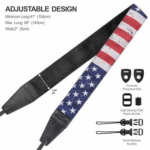 Image of Padwa Lifestyle American Flag Print Camera Strap - 2 inch Full Grain Leather Ends, Vintage Flag Pattern Camera Straps for Photographers, Soft Chamois Velvet Padded Strap Quick Release fits All Cameras