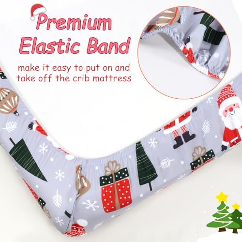 Image of Christmas Crib Sheet, Baby Fitted Crib Sheet with Santa Claus, Christmas Trees, Gifts, Measuring 52 inch x 28 inch to fit Standard Crib and Toddler Mattresses, Grey