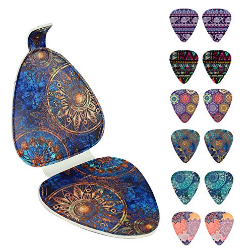 Guitar Picks - LIZIMANDU 12 Medium Gauge Celluloid Guitar Picks In Guitar Shaped Picks Holder. Unique Guitar Gift For Bass, Electric & Acoustic Guitars (Blue Flower Set)