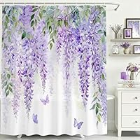 Avezano Purple Floral Butterfly Shower Curtain Wisteria Spring Flower Bathroom Shower Curtain Nature Garden Plant Waterproof Fabric Shower Curtains Bathtub Decor with 12 Hooks 72 X 72 Inches (Purple)