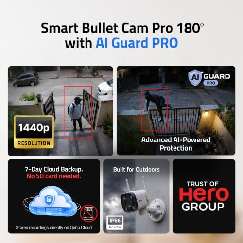 Image of Qubo Smart Bullet Cam Pro 180 4MP (Pack of 2) | No SD Card Required, Records Directly on Cloud | AI Guard Pro 12-Month Plan (Cloud Backup Included) | Automatic Alarm & Spotlight | IP66 Rating
