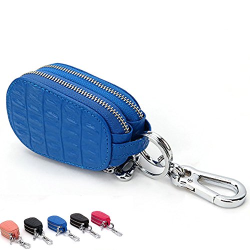 Car Key Case Genuine Leather For Mens Womens Bag Keychain Smart Universal Double Zipper Hook Coin Purse Wallet Holder Rangren  (Blue) #TOP29