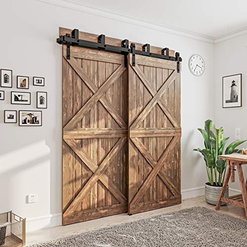 Winsoon New Bending Room Wall Mount Bypass Double Black Sliding Wood Door Roller Hardware Track Pulley Folding Steel Kit (6.6Ft / Two Door Set) #TOP1