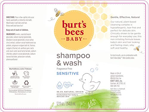 Image of Burt's Bees Baby Shampoo & Wash, Fragrance Free & Tear Free Baby Soap - 12 Ounce Bottle (Pack of 2)