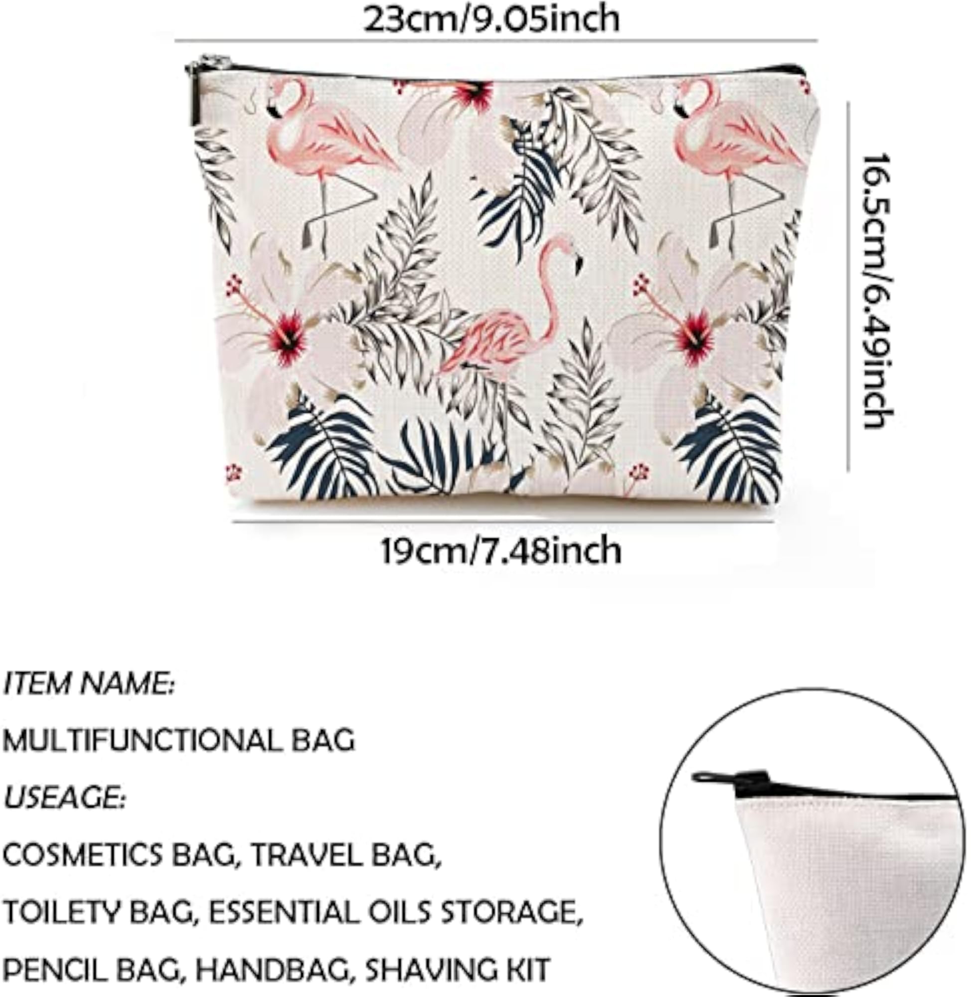 Beige Flamingo Zipper Pouch Travel Cosmetic Organizer