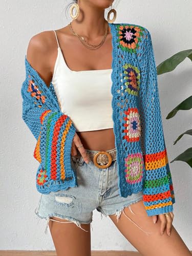 Image of SHENHE Women's Floral Crochet Cardigan Hollow Out Open Front Long Sleeve Cardigan Sweater