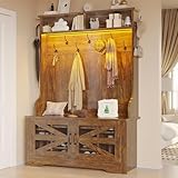 Itaar Hall Tree with Bench and Shoe Storage, 5-in-1 Entryway Bench with Coat Rack, 10 Shoe Cubbies & 9 Coat Hooks, Barn Door & Adjustable Shelf (Rustic Brown)