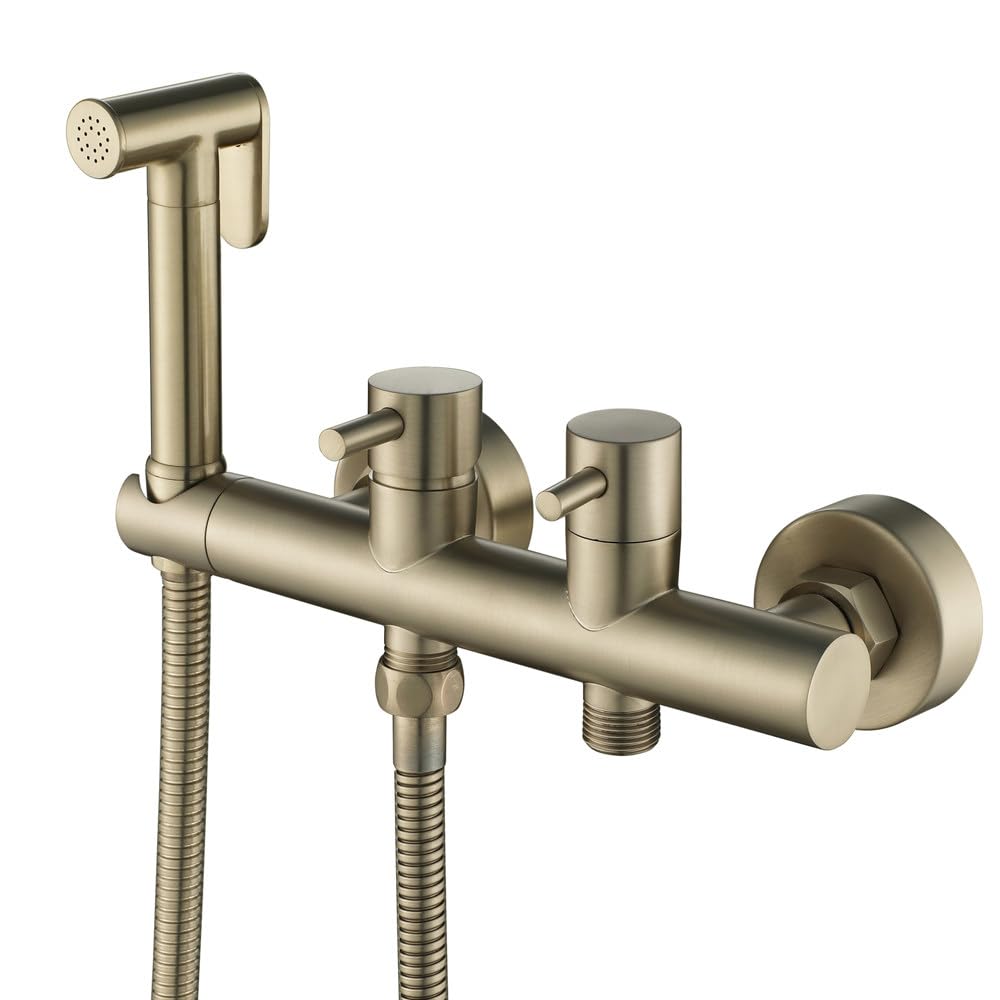 Grifo bidet para WC de agua fría y caliente en latón oro cepillado con manguera