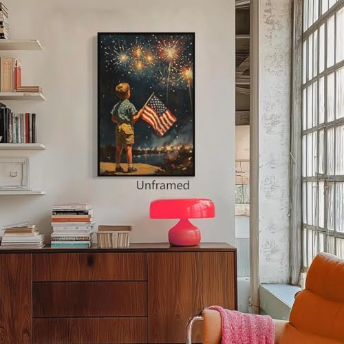 Image of American Flag Canvas Wall Art, 4th of July Patriotic Poster Print, Boy Holding USA Flag and Dark Night Fireworks Picture, Independence Day Wall Decor for Bedroom Living Room 24x36in Wrapped Canvas