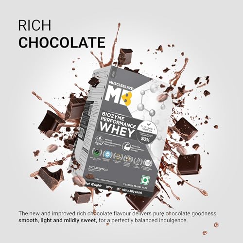 Image of MuscleBlaze Biozyme Performance Whey Protein Powder, Rich Chocolate, 5 Sachets (36g each) | Travel Pack | 25g Protein Per Sachet | Clinically Tested 50% Higher Protein Absorption