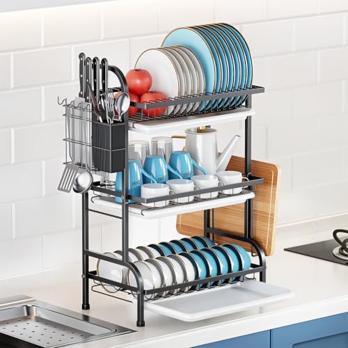Image of HASTHIP BrandName 3-Tier Kitchen Dish Drying Rack with Utensils Organizer Stand and 3 Removable Drip Trays, Metal Wire Kitchen Counter Dish Rack with Cutlery Holder, Chop Board Holder & Hooks,