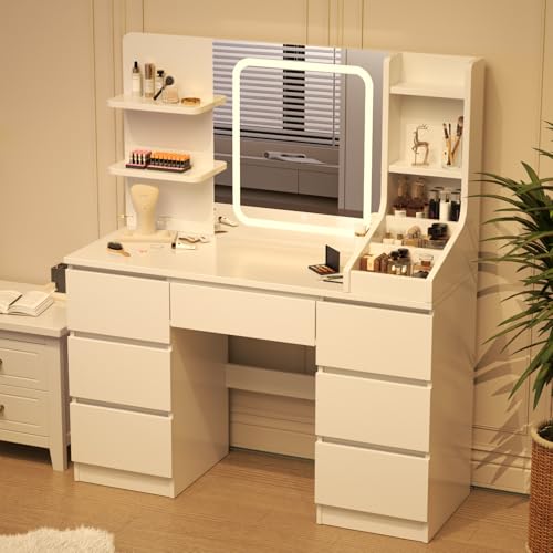 TRIUMPHKEY Dressing Table, Vanity Desk with Large Lighted Mirror, Adjustable Brightness, Modern Vanity Table with 7 Drawers, 4 Shelves and 3 Open Compartments for Bedroom, 110x40x139cm, White - Image 5