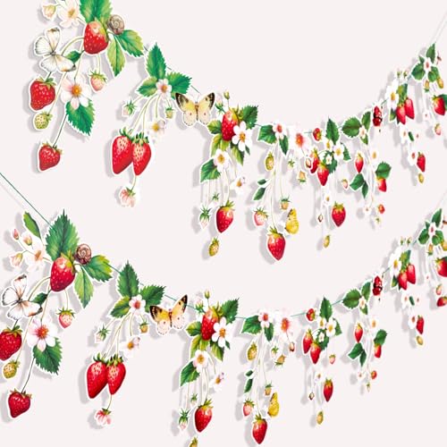 Image of Strawberry Garland Banner Berry First Birthday Decor Strawberry Wildflower for Spring Enchanted Garden Party Strawberry Theme Birthday Decoration for Girl Sweet Baby Shower Spring Garden Tea Party(8.2ft)
