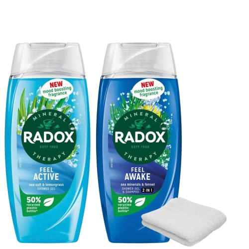 Radox Shower Gel Bundle - Sea Salt & Lemongrass, Sea Minerals & Fennel - Invigorating Scents for a Refreshing Shower Experience with Wash Cloth