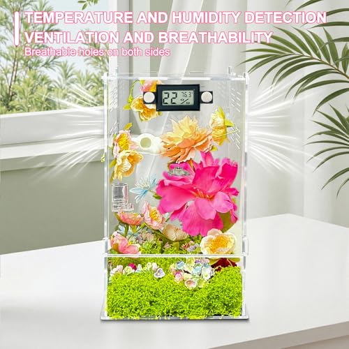 Image of Jumping Spider Enclosure,DIY Insects Habitat,Small Reptile Terrarium Glass House Accessories Set,with Temperature and Humidity Detector Water Feeder Platform Hide,5.5 inchx5.5 inchx9.5 inch (Garden)