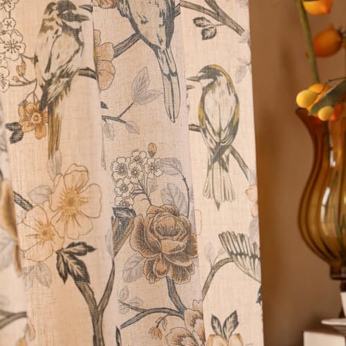 Image of Designer French Linen Printed Curtains,2 Panels,94 inchx65 inch-Murad | Vintage Elegant Curtain with Grommets 94 inches long,Bird and Flowers Pattern Draps,kitchen Bedroom Living Room Window