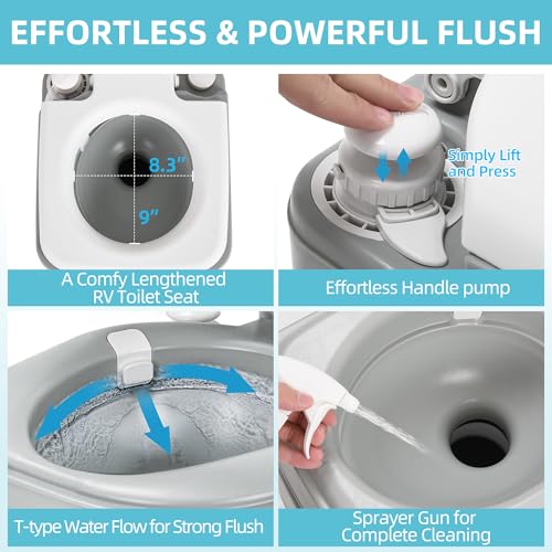 Image of YITAMOTOR Portable Toilet for Camping, Porta Potty Toilet with 5.3 Gal Waste Tank & 2.6 Gal Flush Tank, Bag, Sprayer, T-type Outlet, Level indicator, Anti-Leak Odor-Sealing Slide Valve for RV Outdoors