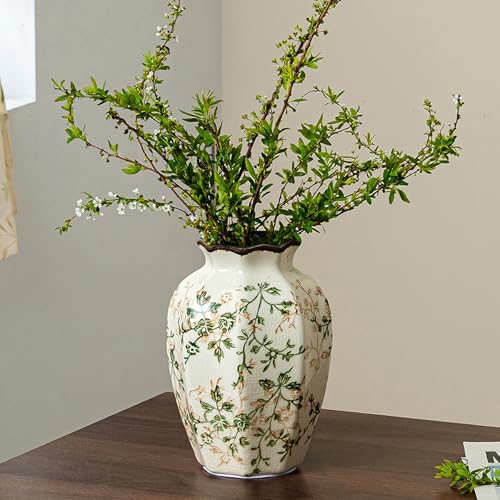 Ceramic Flower Vase | Green Rustic Farmhouse Vase for Home