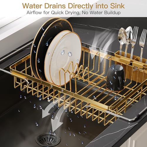 Image of JASIWAY Gold Dish Drying Rack Over the Sink with Utensil Holder