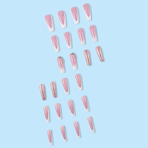 Miniatura 3 de Uñas postizas largas tipo ataúd, uñas francesas blancas a presión, puntas de uñas degradadas, uñas postizas acrílicas con purpurina para mujeres y