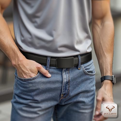 Image of BULLIANT Men Ratchet Belt 2 Pack, Click Sliding Leather Belt Adjustable for Gift Men Dress Casual Jeans 1 3 /8,Cut for Fit