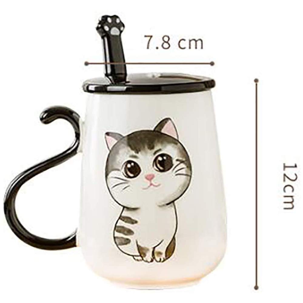ZHOUXIAO Simpatica Tazza in Ceramica di Gatto con Coperchio e Cucchiaio, Tazza in Ceramica per caffè, Coppie Tazza da caffè per tè al Latte per Ragazze, Tazza da Viaggio in Ceramica Manico (F)