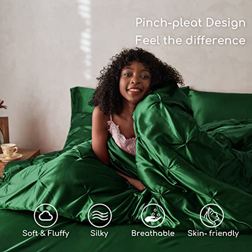 MR&HM Satin Comforter Full 7 Pieces - Luxurious Pinch Pleat Bedding Set with Comforter, Flat Sheet, Fitted Sheet, Pillowcases & Shams, Super Silky Soft Bed Set for All Season (Full, Dark Green)
