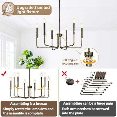 Rustic Black Chandelier, 6-Light Antique Farmhouse Chandelier for Dining Room Lighting Fixtures, Vintage Candle Pendant Light Fixtures Chandeliers for Dining Room Bedroom, Foyer and Living Room
