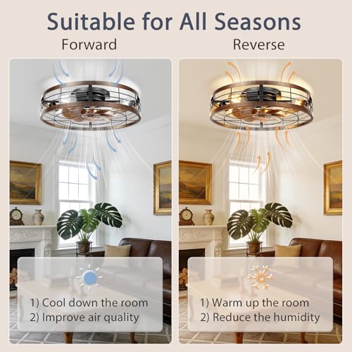 Image of VOLISUN Farmhouse Caged Ceiling Fans with Lights Flush Mount, 23.6'' Rustic Low Profile Ceiling Fan with Light and Remote, Bladeless Fandelier Ceiling Fans with Lights for Kitchen, Bedroom-Gold