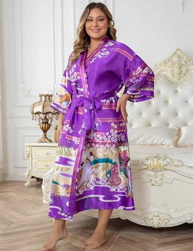 Image of Women's Floral Long Satin Robes Plus Size Long Silk Robes Peacock Floral Kimonos Sleepwear Dressing Gown