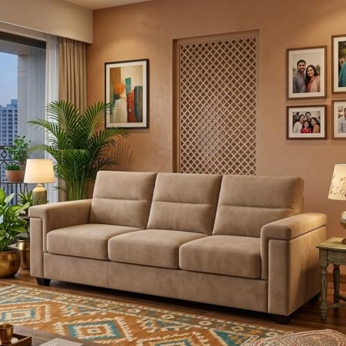 Image of FURNY Parker 3 Seater Fabric Sofa Set with Velvet Finish | Durable Comfort | Ideal for Living Room | Modern Design (Beige)