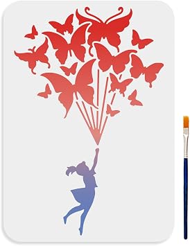 MAYJOYDIY Butterfly women Stencil 11.78.3inch Large women Flying in the Sky Painting Stencils with Paint Brush Dreamy Butterfly Lady Silhouette Drawing Stencil for Wall Furniture Decor DIY Art Crafts
