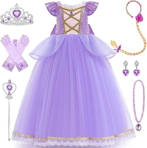 DéGuisement Raiponce Fille Costume Robe Princesse Raiponce Enfant Avec Accessoires Pour Enfants Tutu Tulle Robe Partie Carnaval Halloween NoëL Anniversaire FêTe Partie Cosplay Robe De SoiréE,110 Cm