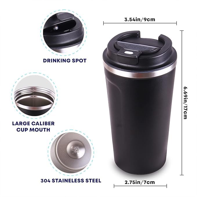 Image of Insulated Thermal Coffee Mug, Stainless Steel Travel Mug | Double Wall Vacuum Insulated, Black | 8 Hrs Hot & 14 Hours Cold | Ideal for Personal & Corporate Gifting-380ml-Black
