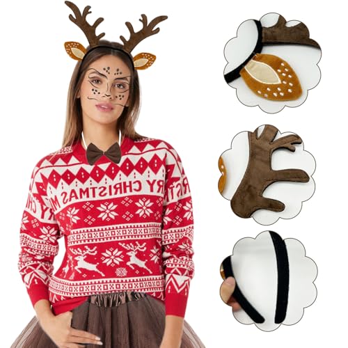 EUPSIIU Reindeer Headband, Deer Face Tattoo, Antler Headband, Reindeer Tail Bow Tie and Kids Tutu Skirt, Women's Costume - Image 3