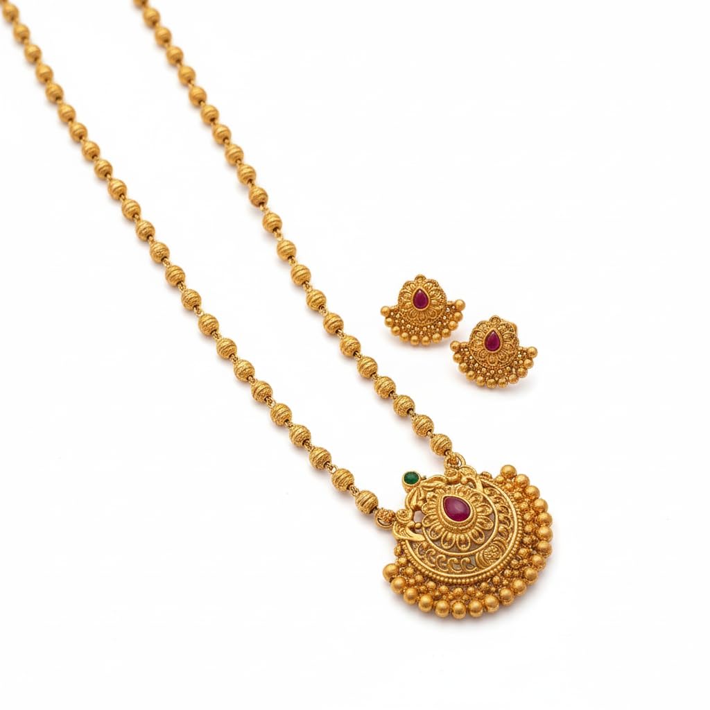 Golden Traditional Bormala Necklace Set | Matt Finish Red & Green Stone Pendant with Beaded Chain & Matching Earrings | Stylish Ethnic Jewelry for Women & Girls (32 Inch)-image-41