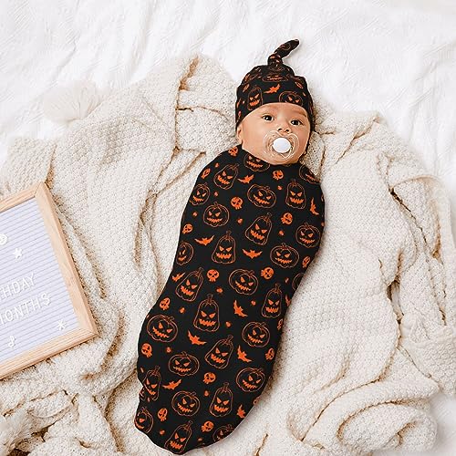 Image of Neon Halloween Newborn Swaddle Blanket with Hat Sets Newborn Receiving Blanket for Boy Girl Swaddle Sack Shower Infant Gift